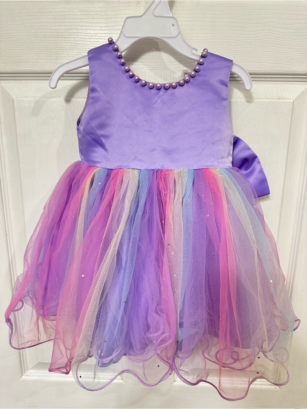 Girls Purple Pastel Tulle Party Dress with Pearl Neckline
